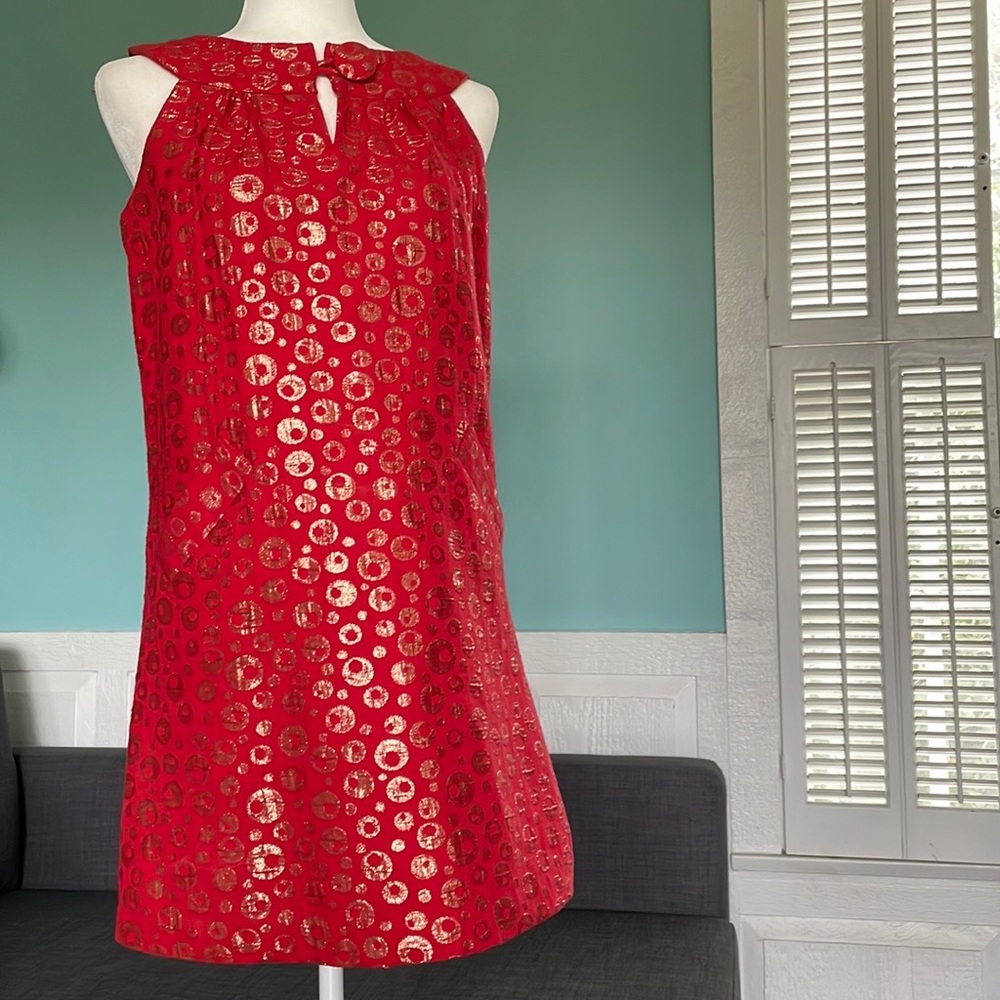 BB Dakota 1960’s Atomic Go-Go Inspired Groovy Red Sheath Dress w/Gold Bu…